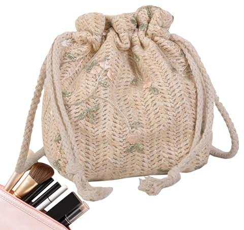 Fukamou Gewebte Beuteltasche,Beuteltasche Gewebt, Beuteltasche Mit Kordelzug,Hobo Woven Bag Summer Beach Umhängetasche GeldbörsenKordelzug Handtaschen Für Frauen