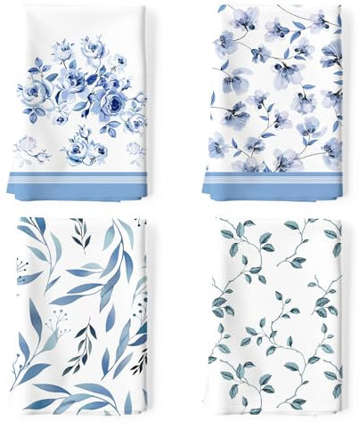 Arquiel Blue Flower Leaves Kitchen Towel Set, 100% Cotton, 50 x 70CM, Multi-Purpose Quick Dry Dish Cloths, Hand and Bar Towels (Set of 4)