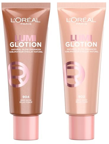L'Oréal Paris Lumi Glotion Aufhellende Flüssigkeit, belebt und formt - Beauty Routine spendet Feuchtigkeit für Gesicht und Körper, Farbton 902 Light Glow + 904 Deep Glow - 2 Flaschen à 40 ml