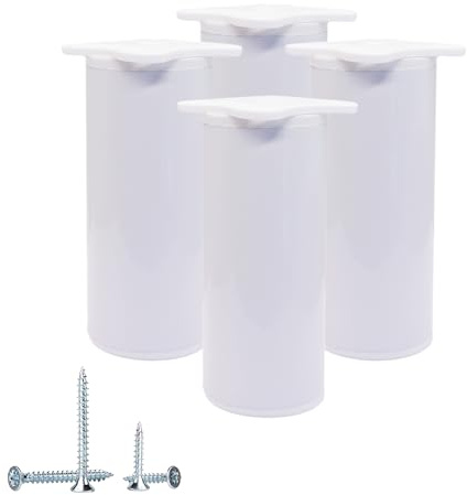 SKIR'CO 4 pcs, Height Adjustable White Furniture Legs, Height 10 cm, Diameter 40 mm, Aluminium Round Furniture Feet, Screws Included