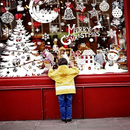 TOMEEK Stickers Noel Fenetre Autocollant Noel 202Pcs Grand Arbre de Noël Lune Sticker Noël Vitre Double Face Decoration Noel Interieur Statique PVC Autocollants Réutilisables (Blanc)