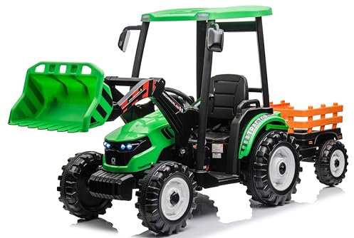 Epic Play Tractor Kids Ride on with and a Trailer and Front Loader Bucket 24v Electric Rechargable Battery with remote control Green