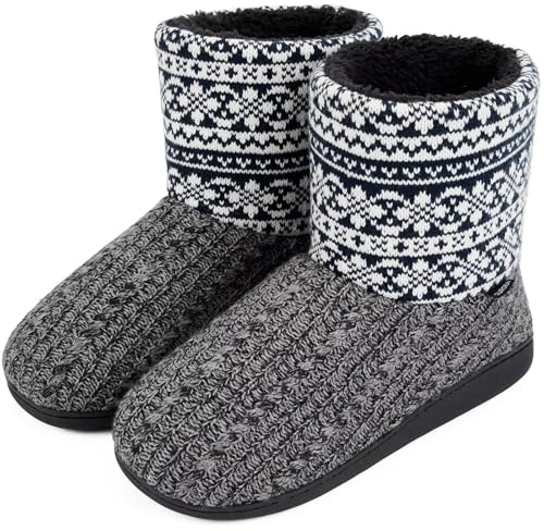 GURGER Tricoté Chausson Montant Homme Hiver Chaud Doublure des Fourrure Chaussons Bottes Pantoufles Fermé Maison Bottines Chaussons Gris Blanc Taille 44 45