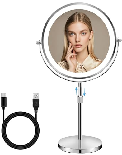 MEKOTRIN Schminkspiegel 8,7 Zoll Beleuchtet Doppelseitig 1X/10X, Silber | 3 LED Lichtfarben, Dimmbar, USB Wiederaufladbar, 360° Drehbar