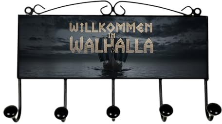 speecheese Willkommen in Walhalla Kleiderhaken Leiste mit 5 Haken Wikingerschiff Lustige Garderobenleiste mit Wikinger-Spruch für Wand