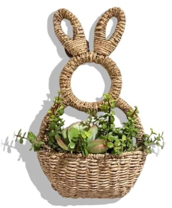 Bunny Basket Hanging Wall Pocket Spring Decor, Hand Woven Wicker Easter Bunny Basket Wall Pocket, Easter Bunny Basket Wreath, Handmade Rattan Bunny Garland for Spring Front Door Holiday Decor