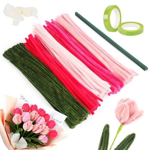 Gimars 300 Stück Pfeifenreiniger Blumen-Set, Pfeifenputzer in 5 Farben mit Blumendraht, Floristenkrepp, Schleifenband und Geschenkpapier für Blumenstrauß DIY Basteln und Dekorieren (Rosa/Rot/Grün)