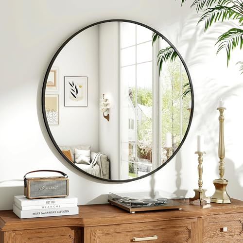 Httxyp 80cm Runder Spiegel Schwarz Spiegel Rund Wandspiegel mit Rahmen aus Aluminiumlegierung für Badezimmer, Waschtisch, Wohnzimmer, Schlafzimmer, Eingang Wanddekoration