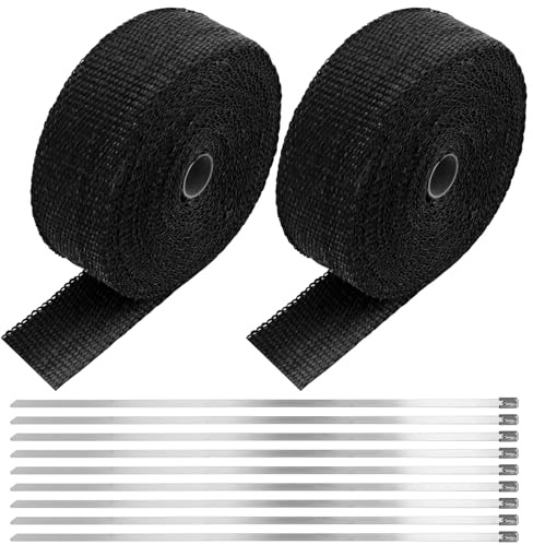 MUNGHOK 2 stycken värmeskyddsband svart 15 m x 50 mm, basaltfiber avgasrör värmeskyddsband motorcykel med 20 buntband av rostfritt stål, avgasband för bil fläktkröm, termoband, smulband