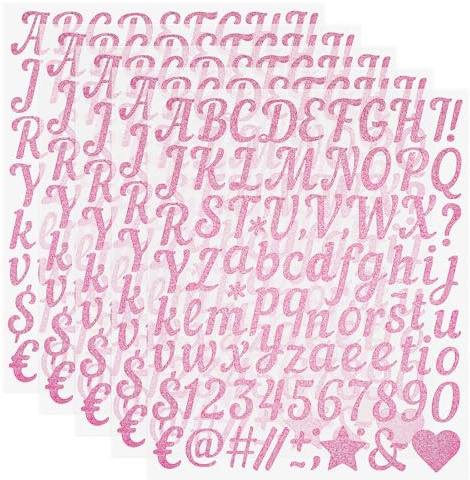 5 Sheets/435 Pieces Glitter Letter Stickers, 1 Inch Pink Vinyl Letter Stickers Self Adhesive Alphabet and Number Sticker for Scrapbooking DIY Crafts Classroom Decor Graduation Cap Decoration
