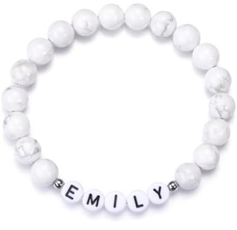 Zysta Armband mit Namen Natursteine Perlenarmband Buchstaben Stretch Freundschaftsarmband Personalisierte Geschenk für Damen Herren BFF (Howlith Steine)