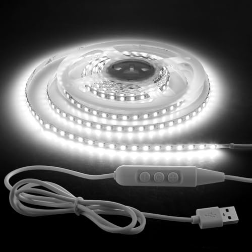 Aclorol LED Strip Light 2M Cool White USB Dimmable LED Strip Light for Bedroom with 1.5M Long Cable Cuttable for Under Cabinets Cupboard Computer Desk Ambient Lighting 5mm Width 6000K