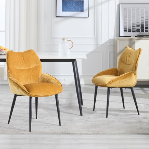 DAYALANE Esszimmerstühle 2er Set, Küchenstühle mit Armlehne Metallbeine Polsterstuhl aus Chenille, Modern Sessel für Esszimmer Küche Wohnzimmer Schlafzimmer, Gelb