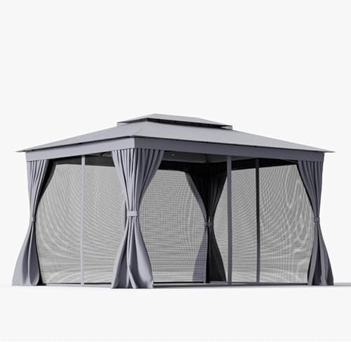 HOMASIS Gazebo da Giardino con Tetto Doppio 4 x 3 m, Pergolato da Esterno Impermeabile con Protezione Solare, Gazebo con Zanzariera con 8 Picchetti, Padiglione per Terrazza, Patio, Grigio