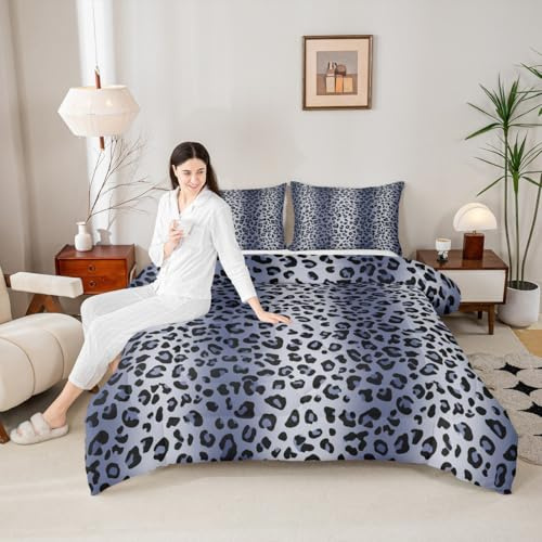 Juego de edredón infantil de leopardo azul para niños, tamaño individual, acolchado de piel de animales salvajes, juego de ropa de cama azul degradado con 1 funda de almohada, ropa de cama ligera