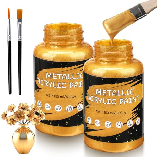 Acrylfarbe Gold Metallic, 300 ml Acrylfarbe Gold, Acryl Gold Farbe, Metallic Goldlack Blattgold für Kunst, Handarbeiten, Lichtechte Goldfarbe, ideal für Leinwand Holz Keramik Stein Bastelbedarf