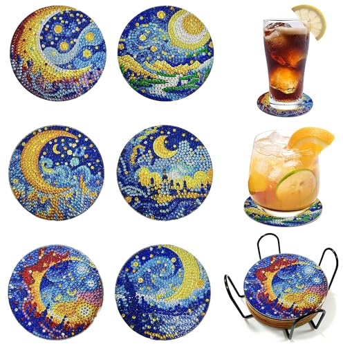 Reofrey 6 piezas de posavasos de diamante con soporte, posavasos de pintura de diamantes con paisaje, imágenes de pintura de diamantes para adultos y principiantes, accesorios de arte de diamante para