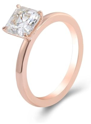 Ring Damen Verlobungsring, Damenring Zeigefinger Solitaire Square mit 1Ct Quadratschliff Moissanit 9K Roségold Größe 58 (18.5)