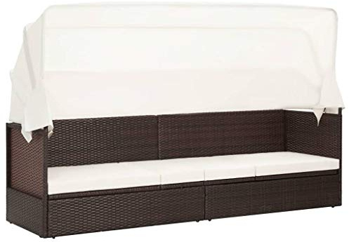 QUAHEAS Gartensofa mit Sonnendach, Poly Rattan Braun, 205x62x70 cm, Klappdach, wetterfest, für Pool, Terrasse, Garten, Bequeme Sonnenliege, Outdoor Chaise Lounge