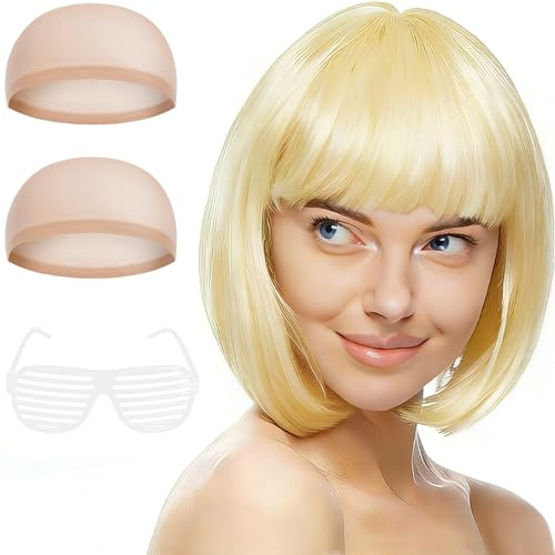 Aomig Kort bob-peruk för kvinnor, 4-pack kort platina blond bob-peruk set med 2 perukkepsar och solglasögon, neon maskeradtillbehör cosplay med lugg, syntetisk rak för daglig halloweenfest