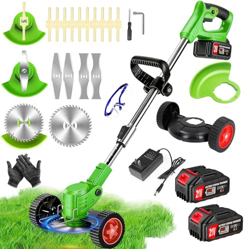 Decespugliatore a Batteria, Tagliabordi Elettrico 21V,Tagliaerba a Batteria con 2 2.0Ah Batterie e 4 Tipi di Lame, Ruote Rimovibili, Decespugliatori da Giardino Altezza Regolabile per Prati,Arbusti