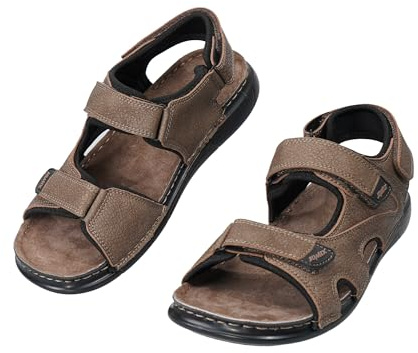 JOMIX Sandales Homme avec Fermeture Scratch Chaussures de Sport Respirantes à Bout Ouvert en Cuir Claquettes d'été à Talon Plat pour Marche Plage et Quotidien, MOX260377, Kaki, 44 EU