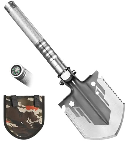 Upgraded foldable camping shovel, multi-tool survival shovel with compass, portable stainless steel shovel for hiking, camping, gardening, emergency (A)