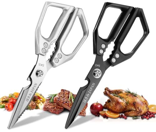 Plys Kitchen Scissors Set 2PCS: Stainless Steel Meat Cutting Shear for Food, Chicken, Poultry, Fish, and Vegetable, Black and Silver