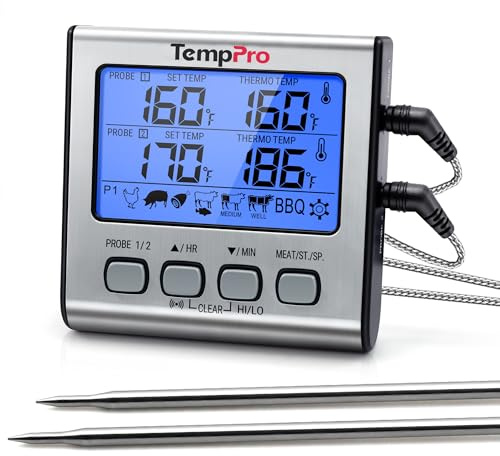 TempPro TP17 Dual Probe Digital Cooking Meat Thermometer Large LCD Backlight Food Grill Thermometer with Timer Mode for Smoker Kitchen Oven BBQ, Silver (Previously ThermoPro)