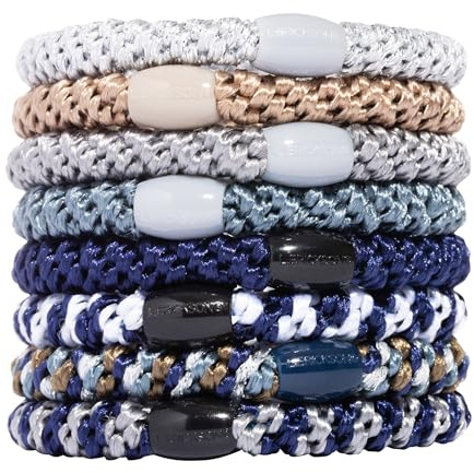 L. Erickson Blue and Grey Hair Ties for Thick Hair, Grab & Go Ponytail Holders, 8 Pack, Indigo, Thick No-Crease Bands with Strong Hold, Damage-Free Design, Cool Neutral Mix