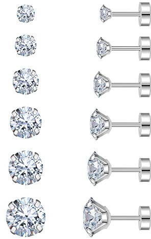 Flat Back Stud Earrings for Women Cartilage Earrings Surgical Steel Earrings CZ Studs 6 Pairs 18G