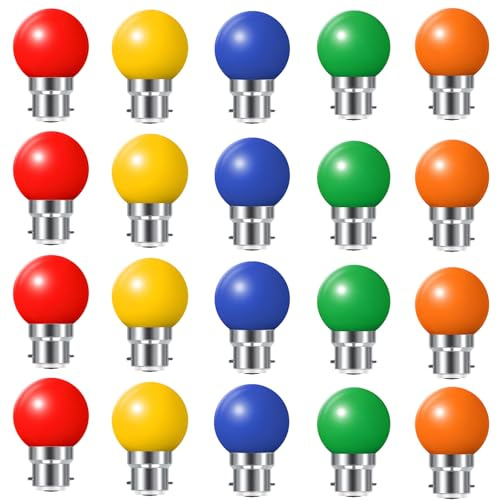 Huamu Lot de 20 ampoules led couleur b22 ampoules baïonnette 2w Rouge, Jaune, Orange, Vert, Bleu,Incassable (équivalence 20W)