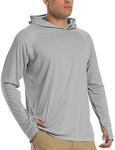 TACVASEN Sun Protection Shirts Mens Outdoor Long Sleeve Hoodie UV T Shirt UPF 50+ Hiking Mountain Top Workout T-Shirt Light Grey