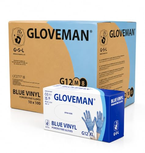 1 Case (1,000 Gloves) Gloveman Blue Vinyl Powder Free Gloves - Sizes Extra Small to Extra Large (Medium)