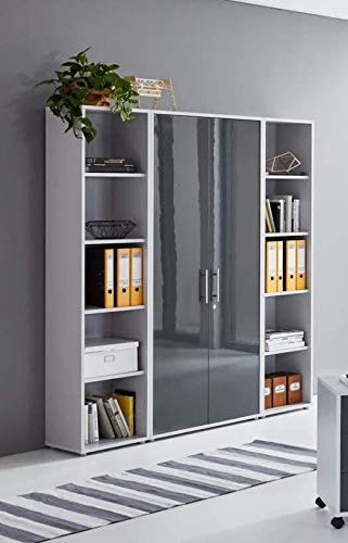 abschliessbarer Aktenschrank Büroschrank Schrankwand Büromöbel Regal Office Edition in Lichtgrau/Anthrazit Hochglanz (Set 3 hoch)
