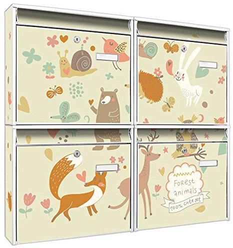 banjado Briefkastenanlage 4 Fach - Postkästen groß - verzinkter Stahl weiß DIN A4 Motiv Waldtiere - Briefkasten Set 4 Briefkästen Namensschild, 2 Schlüssel, Montagematerial