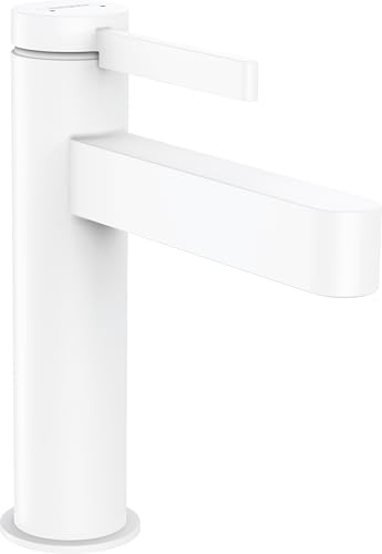 hansgrohe Waschtischarmatur Finoris, Wasserhahn Bad mit Auslauf Höhe 110 mm, mit Push-Open Ablaufgarnitur, Badarmatur wassersparend, Mattweiß