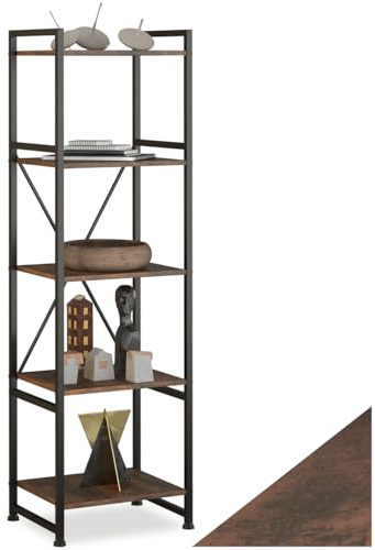 tectake® Scaffale Verticale 47,5x34,5x151,5cm, 5 Ripiani, Libreria Verticale Salvaspazio, Mobiletto da Parete, Design Industriale, Arredamento Casa e Ufficio - Legno Industriale Scuro