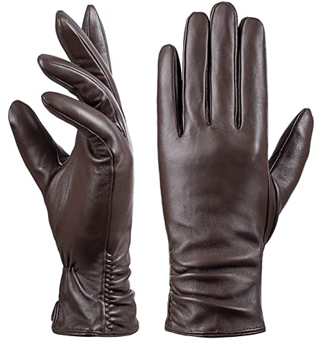 Damen Winter-Lederhandschuhe mit Touchscreen Text, warmes Lammfell, 100% reines echtes Leder (Braun, S)