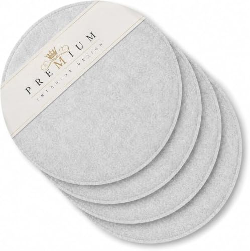 Rubberneck 4er Set rutschfeste Filz Sitzkissen rund, Stuhlkissen mit Antirutsch-Noppen, hellgrau | Filz + Polyester-Füllung, Antirutsch-Noppen, Ø 34,5 cm, 2,4 cm Höhe, waschbar 30 Grad, 4 Stück, für Stühle & Bänke
