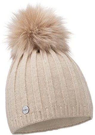 ELIMELI® Gorro de cachemira para mujer, gorro de punto, gorro de invierno de lana con cachemira y pompón de piel sintética. Fabricado en la UE, beige, Talla única