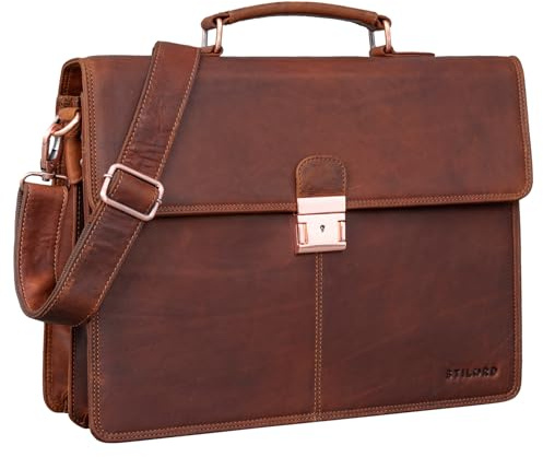 STILORD Apolonius Arbeitstasche Herren Leder Vintage Aktentasche Umhängetasche Dokumententasche A4 15,6 Zoll Laptop Tasche für Büro Business Echtleder Farbe:Porto - Cognac