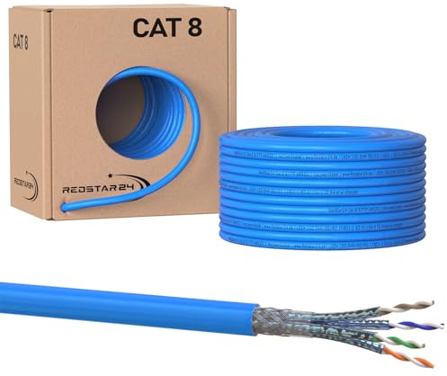 RedStar24 CAT 8 Cable Ethernet 50m - Cable de Red CAT8.1 LAN Cobre Cable de Datos CAT.8 Gigabit S/FTP Categoria 8, Libre de Halógenos PIMF PoE 40Gbit Conexión de Red, RoHS, AWG 22/1, 50 Metros