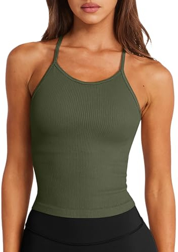 LASLULU Reggiseno sportivo da donna senza soluzione di continuità lungo Crop Tank Racer Indietro Cinghia di spaghetti Allenamento Yoga Reggiseno imbottito Halter Collo Top Casual, Verde militare, S