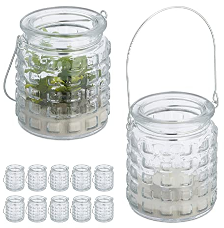 Relaxdays Windlicht, 12er Set, Glas, mit Henkel, innen & außen, Deko Teelichthalter, HxD: 9 x 8 cm, transparent/Silber