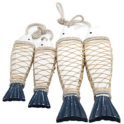 Saihisday 2 Set Antique Wood Fish Wall Hanging Decor Fish Nautical Hand Carved Wooden Ornament for Home Nautical Theme Mediterranean Style - 12.59 H Large + 7.8 H Small