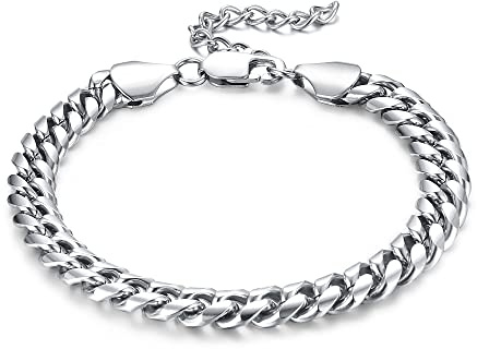 CASSIECA Pulseras para Hombre de Acero Inoxidable Cubano Cadenas para Hombres Mujer 9mm Pulseras de Joyería de Moda 17cm para HipHop Rapper Regalos de Cumpleaños con Caja de Regalo