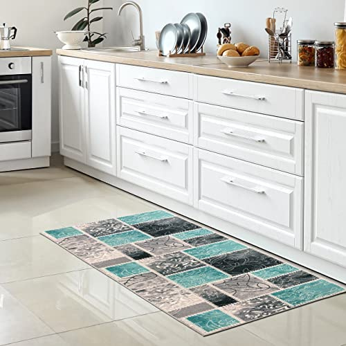 CARPETIA Küchenläufer Karo-Mosaik Türkis Grau rutschfest 80x150 cm | Rutschfest, pflegeleicht, schmutzabweisend und strapazierfähig, OEKO-TEX geprüft, für Fußbodenheizung, Küche & Flur