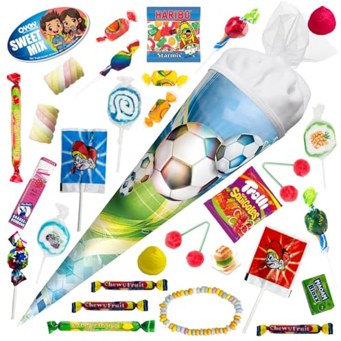 OYOY 35cm Schultüte gefüllt mit Süßigkeiten Mix I ROTH Schultüte Fussball I kleine Schultüte gefüllt I Geschwister Schultüte I Einschulung Geschenk und großer Twist Lolly Kindergarten