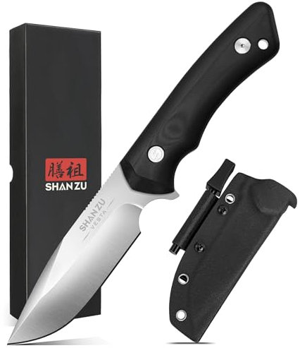 SHAN ZU Outdoor Messer Feststehende Klinge, Survival Messer Gürtelmesser Jagdmesser aus D2 Stahl mit Scheide und Feuerstahl, Perfektes Scharfes Camping Messer (Silber)